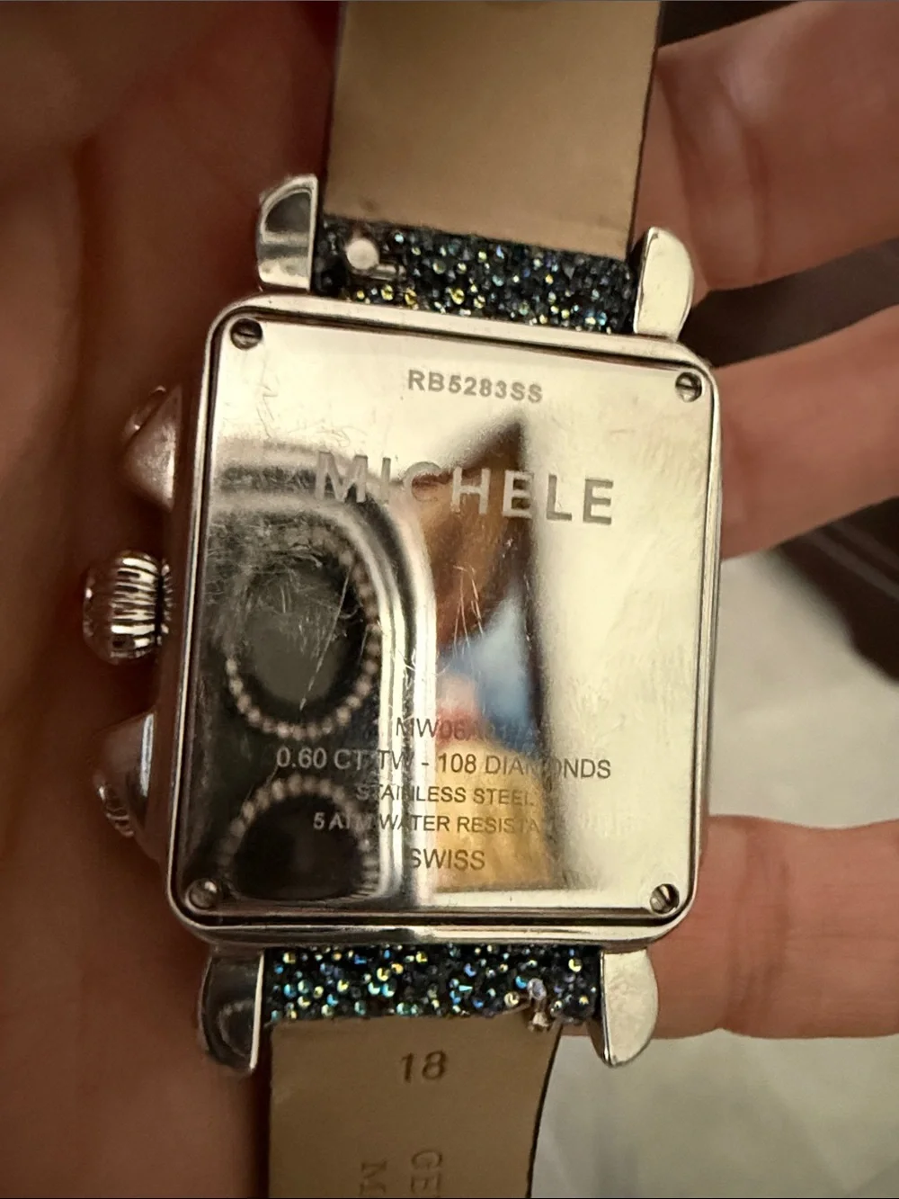 Michele Deco Diamond Chronograph Square Silver Watch with Blue Sparkle Strap